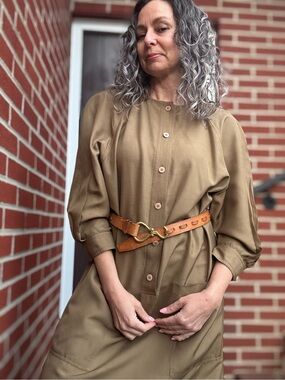Khaki Button-Front Midi Dress
